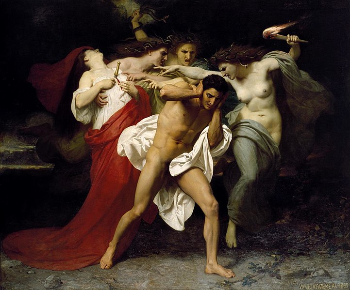 The Remorse of Orestes, where he is surrounded by the Erinyes, by William-Adolphe Bouguereau, 1862