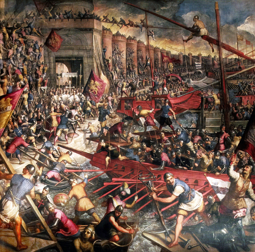 Venice and the Fourth Crusade of 1204. Domenico Tintoretto depicting the Venetians attacking the sea walls of Constantinople in 1204 CE during the Fourth Crusade.
