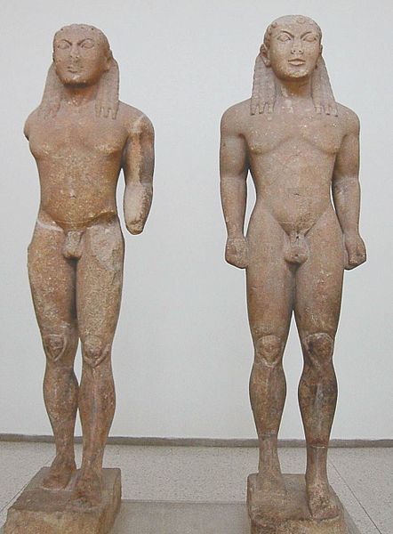 Statues of Kleobis and Biton (identified by inscriptions on the base) dedicated to Delphi by the city of Argos, signed by [Poly?]medes of Argos. Marble, ca. 580 BC. H. 1.97 m (6 ft. 5 ½ in.), after restoration. Archaeological Museum of Delphi, no. 467, 1524.