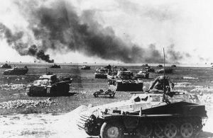 An Sd.Kfz-250 half-track in front of German tank units, as they prepare for an attack, on July 21, 1941, somewhere along the Russian warfront, during the German invasion of the Soviet Union.