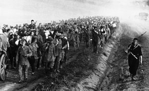 An column of Russian prisoners of war taken during recent fighting in Ukraine, on their way to a Nazi prison camp on September 3, 1941.