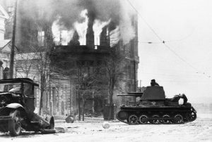 Burning houses, ruins and wrecks speak for the ferocity of the battle preceding this moment when German forces entered the stubbornly defended industrial center of Rostov on the lower Don River, in Russia, on November 22, 1941.