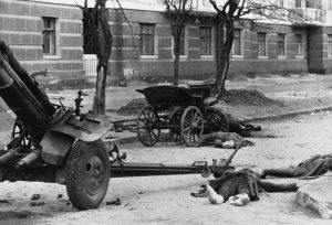 Evidence of Soviet resistance in the streets of Rostov, a scene in late 1941, encountered by the Germans as they entered the heavily besieged city.