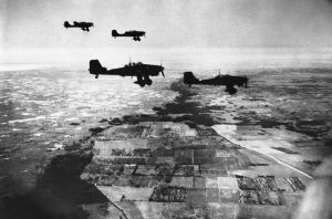 German Stuka dive-bombers, in flight heading towards their target over coastal territory between Dniepr and Crimea, towards the Gate of the Crimea on November 6, 1941
