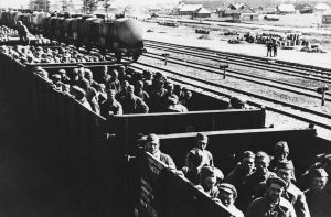This trainload of men was described by German sources as Soviet prisoners en route to Germany, on October 3, 1941. Several million Soviet soldiers were eventually sent to German prison camps, the majority of whom never returned alive