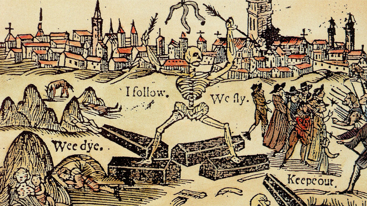 Black Death, Bubonic Plague, 1625. Triumphant Death chases Londoners from their city, but country folk (right), fearful of disease, drive them back. The picture is the title artwork from a 17th century pamphlet on the effects of the plague on London. This pamphlet, A Rod for Run-awayes, by Thomas Dekker, was published in 1625, one of the years in which a plague epidemic broke out. The plague (or Black Death) affected Europe from the 1340s to the 1700s. It is thought to have been bubonic plague, caused by the bacterium Yersinia pestis, and spread by fleas on rats. During a typical outbreak, tens of thousands died in London alone.